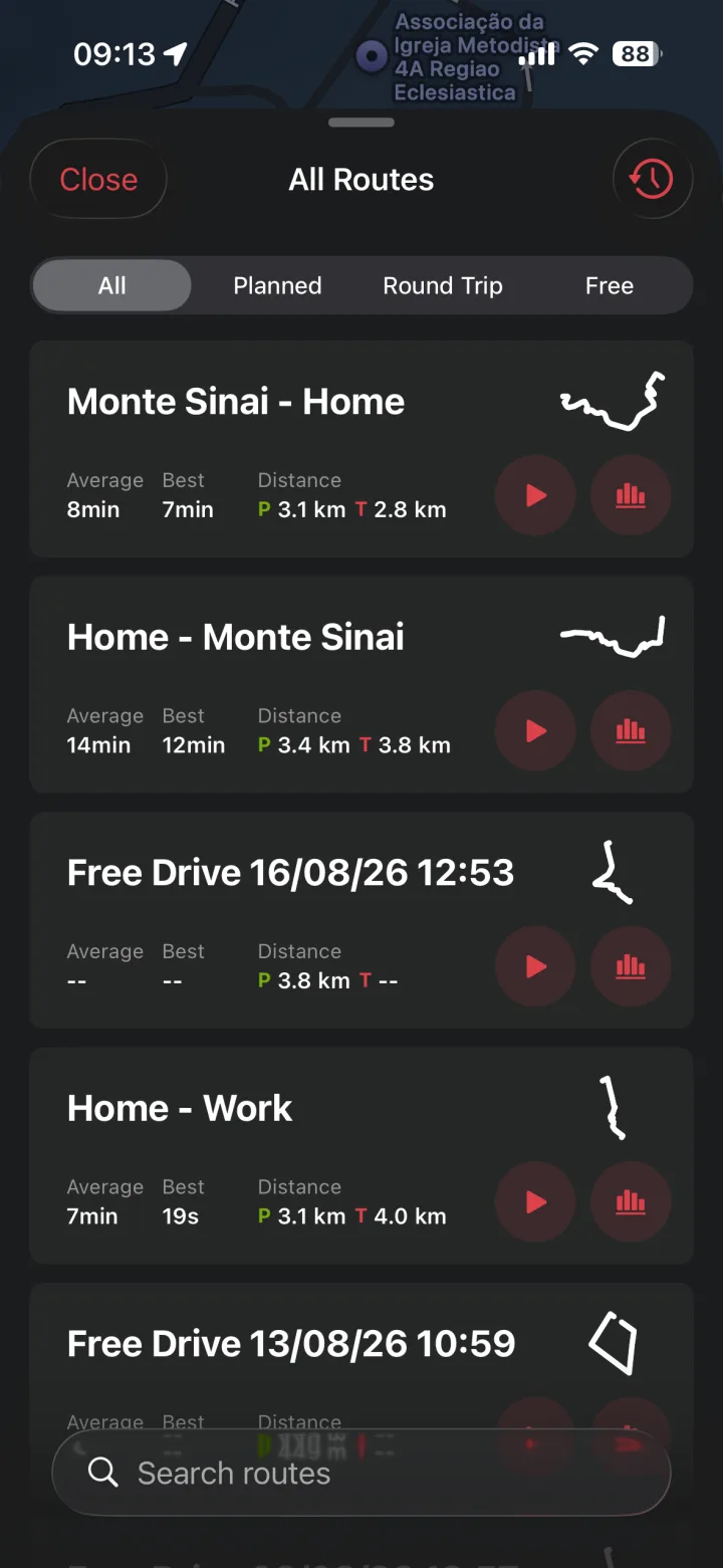 My Route routes screen