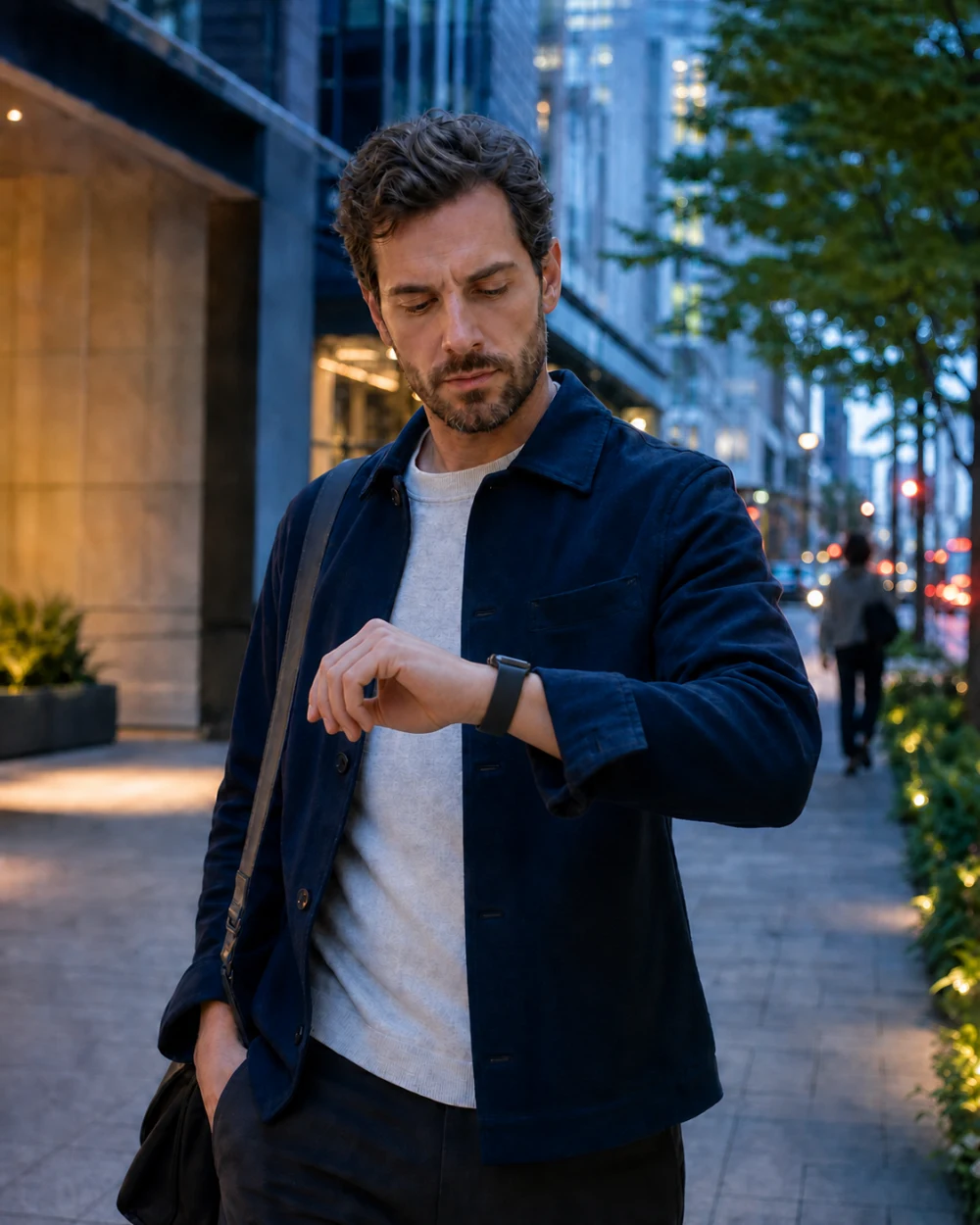 Man checking route progress on Apple Watch while walking