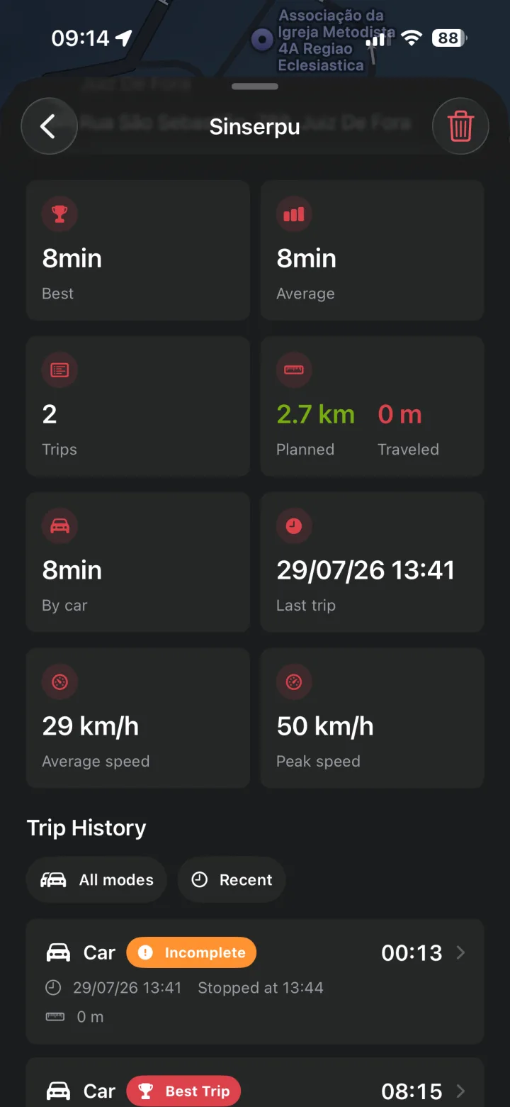My Route statistics screen