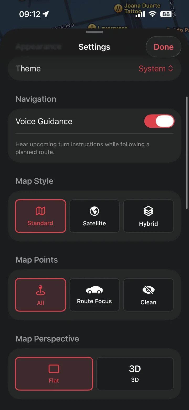 My Route settings screen