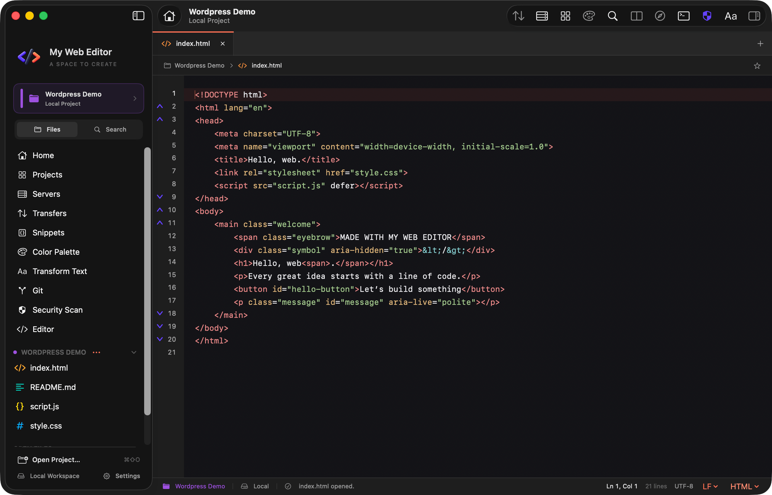 My Web Editor — editor escuro